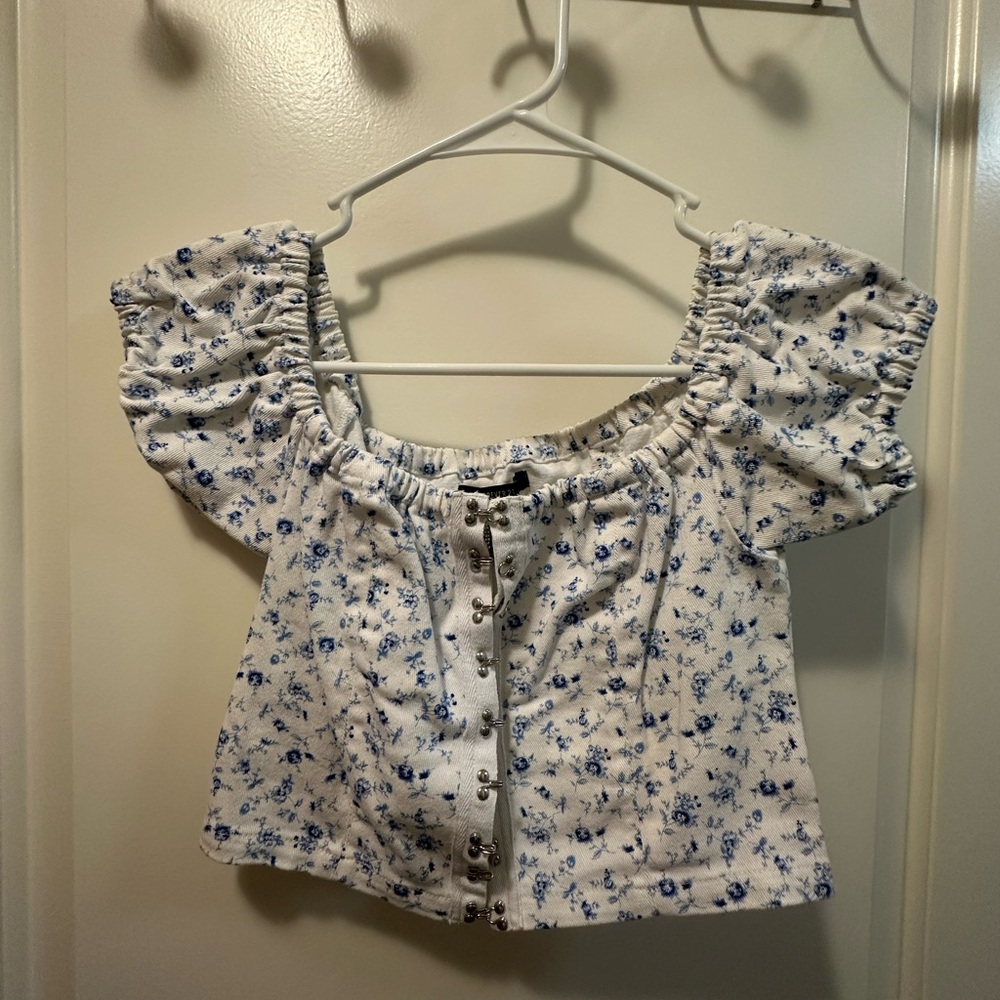 Floral Off-Shoulder Top - Blue and White